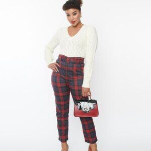 EUC Collectif Burgundy Plaid Thea Pants Highwaisted Large UK 14 Red Grey